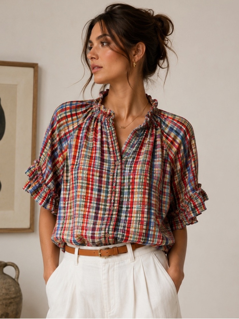 100% Mulberry Silk Plaid Ruffle
Blouse | Colourful Short Sleeve Silk
Top |XL
